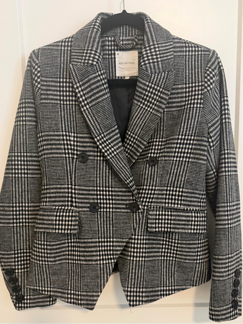 Avec Les Filles Black & White Glen Plaid Double-Breasted Blazer